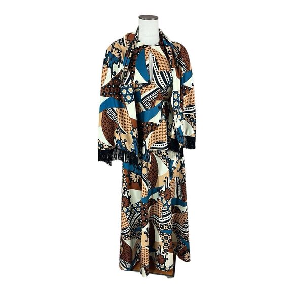 Vintage Neiman Marcus 60s/70s MOD Brown Abstract Maxi Dress Gown w/Wrap Shawl XS - Picture 10 of 13